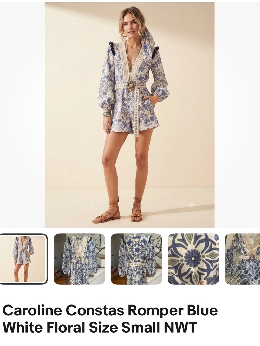 NWT Caroline Constas Blue and White Floral Romper. Euro summer vibes. Size Small